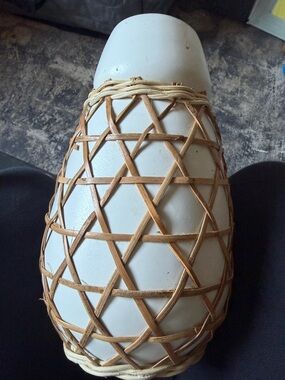 Anthropologie White Ceramic Vase with Natural Rattan Weave